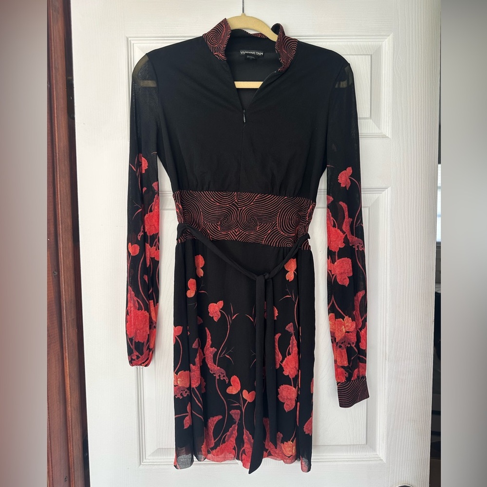 Vivienne Tam Black and Red Sheath Dress with Long Bishop Sleeves for Cocktail